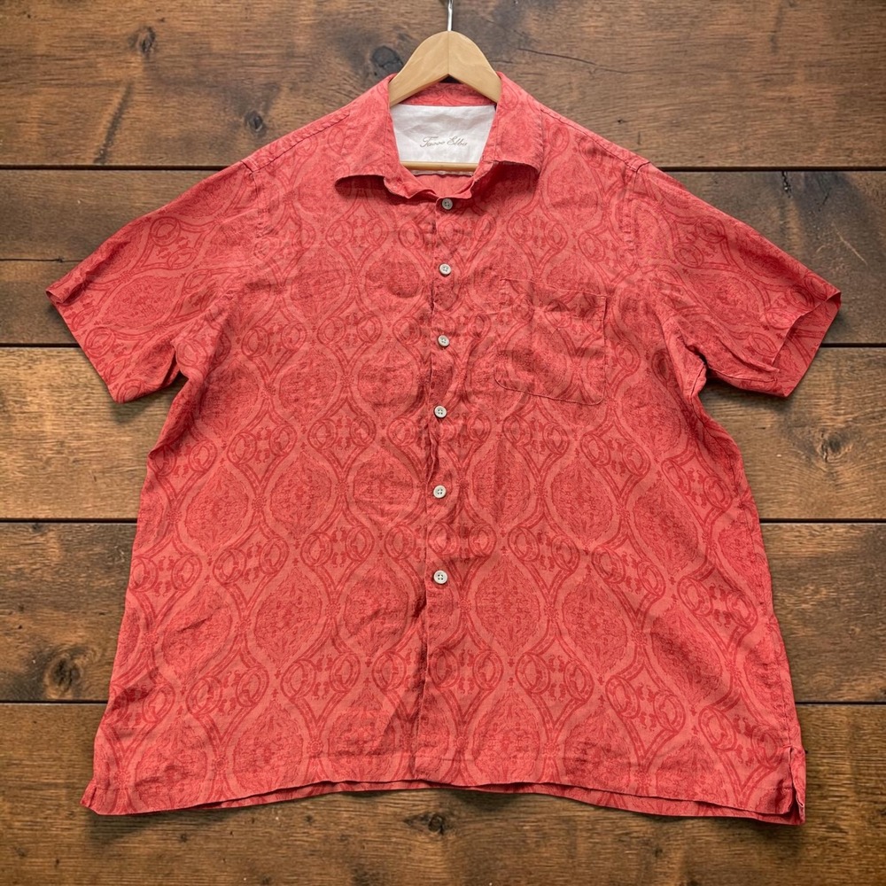 Tasso Elba Mens XL Linen Camp Hawaiian Shirt Coral Red Paisley Damask Short Slee